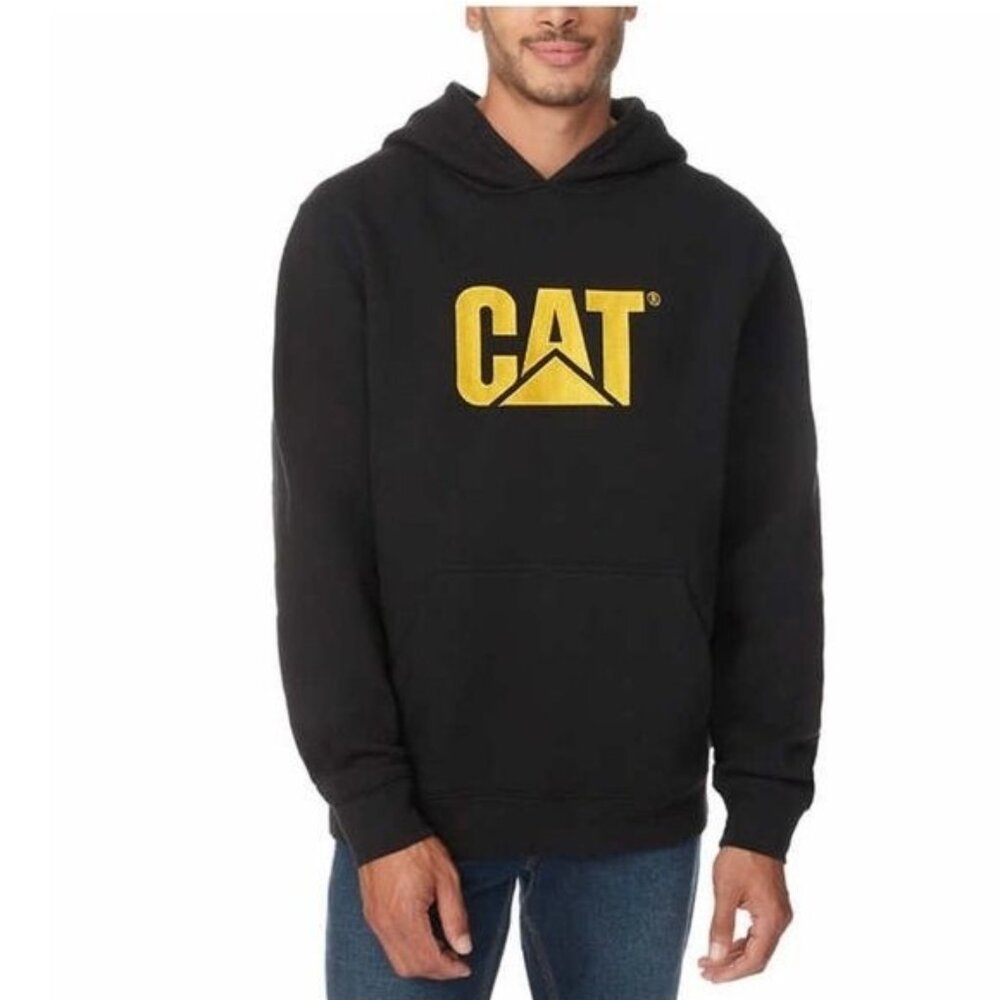 Cat Mens Black Hoodie With Yellow Logo Size M 77% Cotton/23% Polyester Casual We